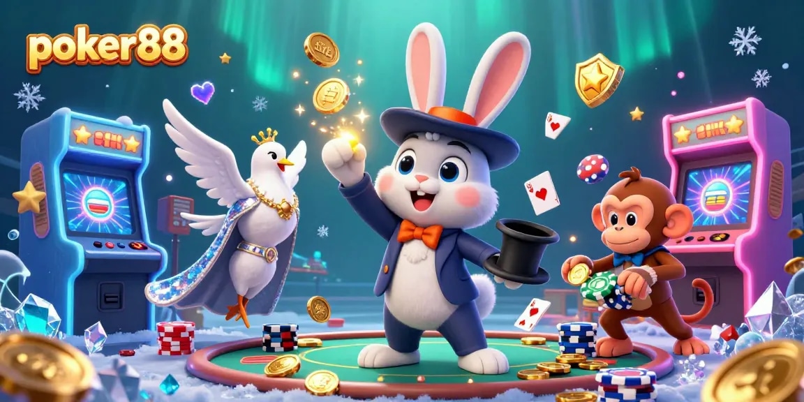 Experience poker88 thrills as a magician rabbit conjures coins, monkey swiped chips, and sparkling games surround.
