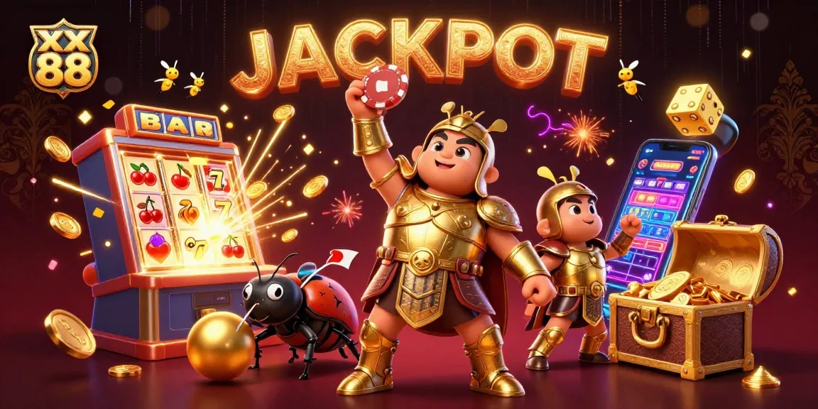 Experience the thrill of xx 88 with a victorious hercules beetle lifting a poker chip amidst a jackpot explosion.
