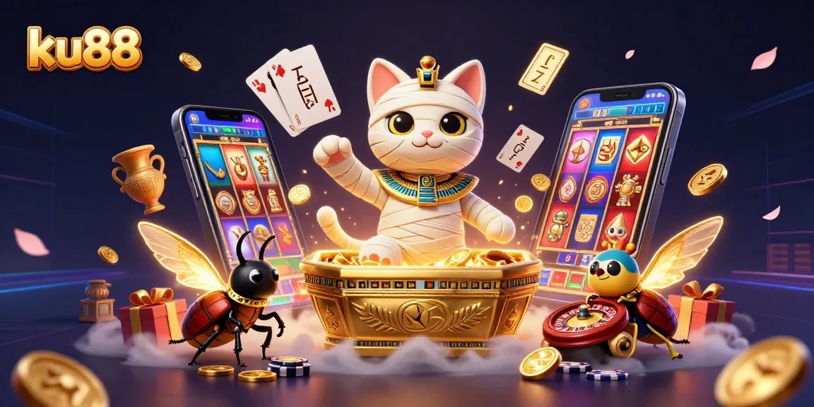 ku88 slots come alive with a cat mummy and glowing scarab in this vibrant casino scene.