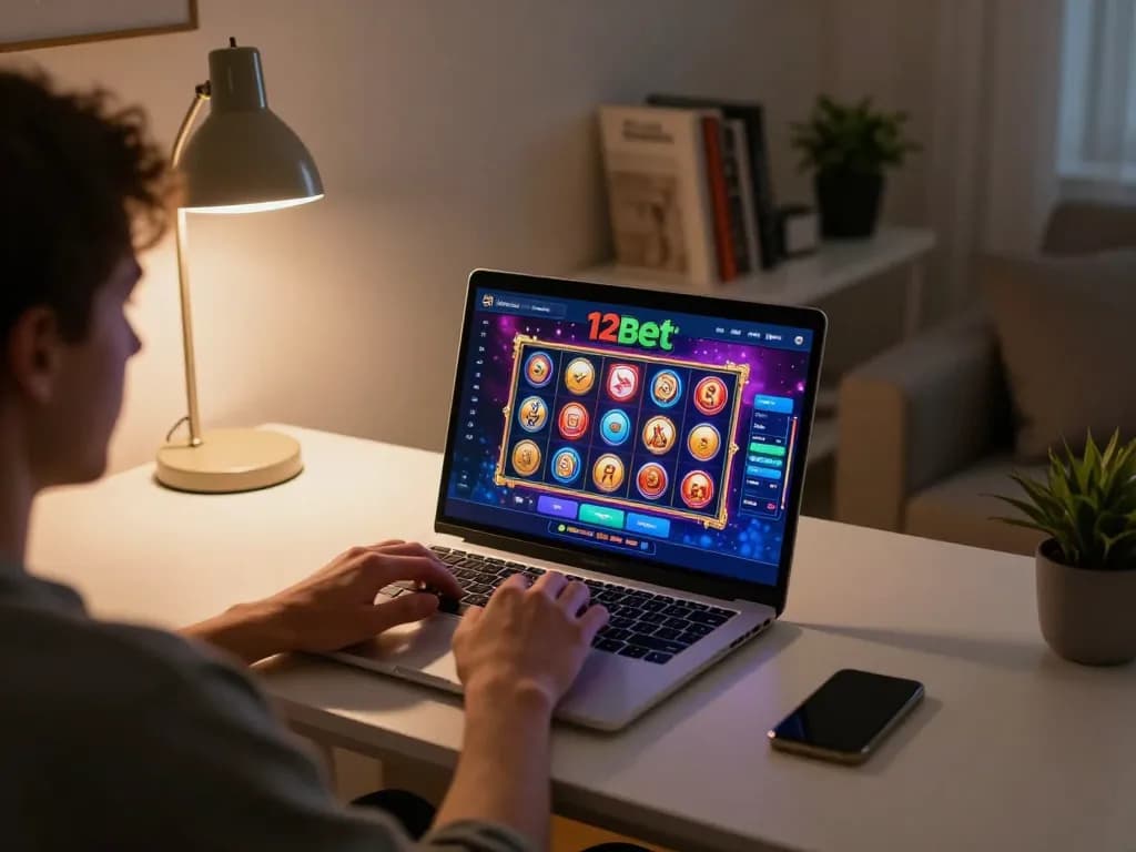 Người chơi đắm chìm trong trải nghiệm chơi casino trực tuyến 12bet tại nhà với laptop
