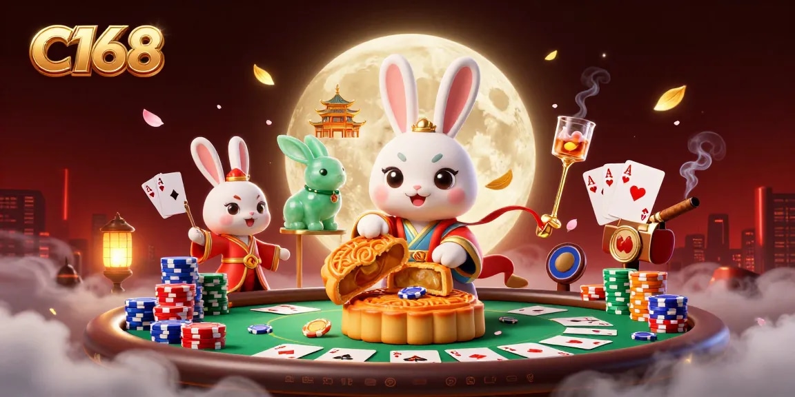 Experience thrilling gambling action at C168 with a mystical moon rabbit and vibrant poker chips.