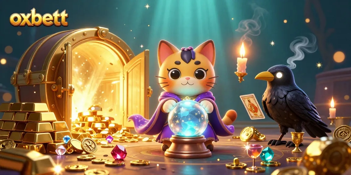 Get lucky with Oxbett's animated scene of fortune teller cat and raven, evoking casino charm.