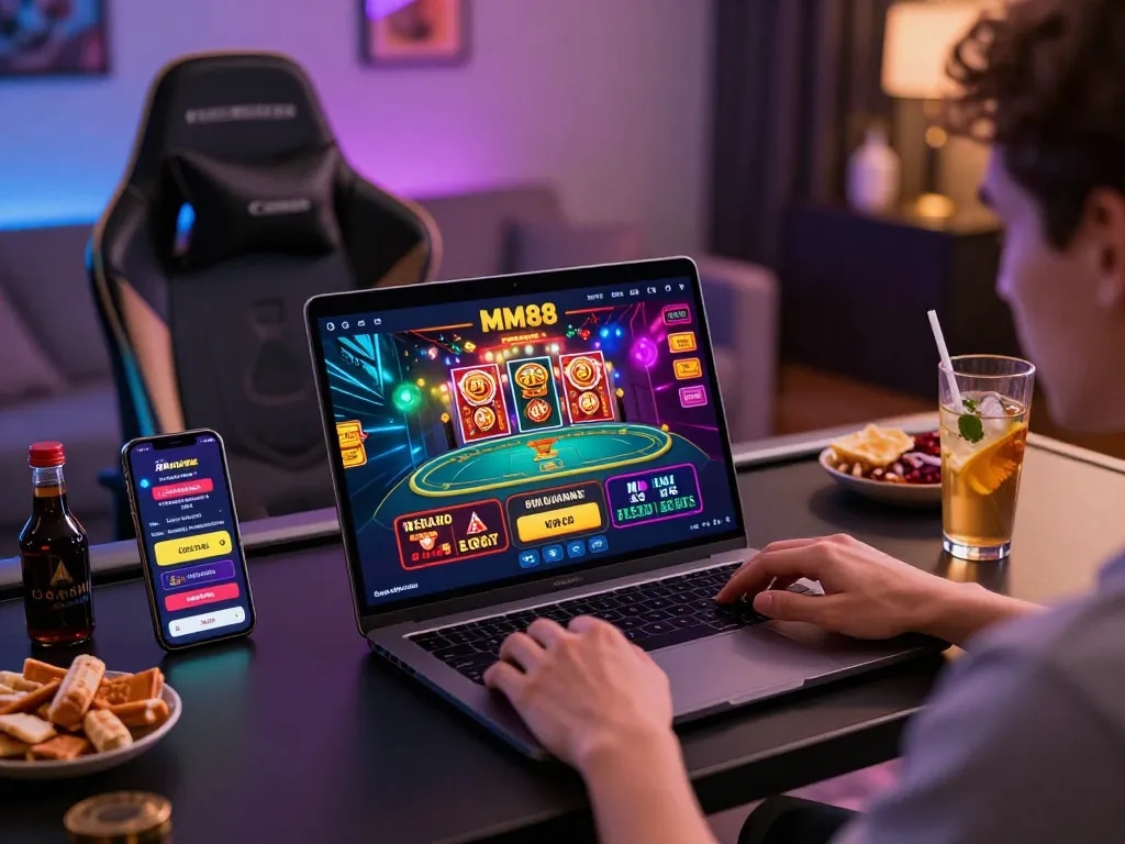 Engaging online gaming experience at MM88 platform with casino graphics and mobile app.