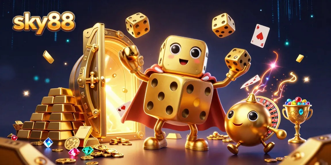 Experience thrilling moments at sky88 with golden dice and jewels in a vibrant casino scene.