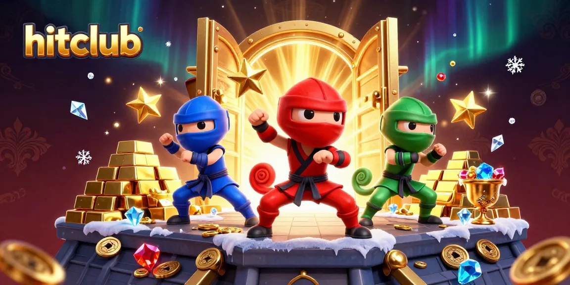 Hitclub features a ninja chameleon team winning treasure with synchronized poses and golden elements.