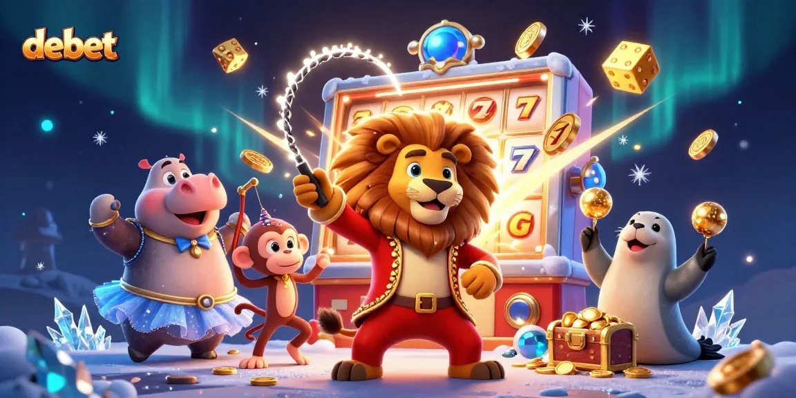 Experience thrilling gameplay with debet-themed casino characters and dynamic game elements in this vibrant illustration.