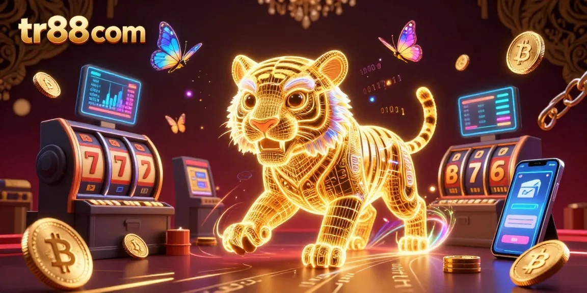 Experience thrilling action at tr88 com with a dynamic casino scene featuring a golden tiger and crypto elements.