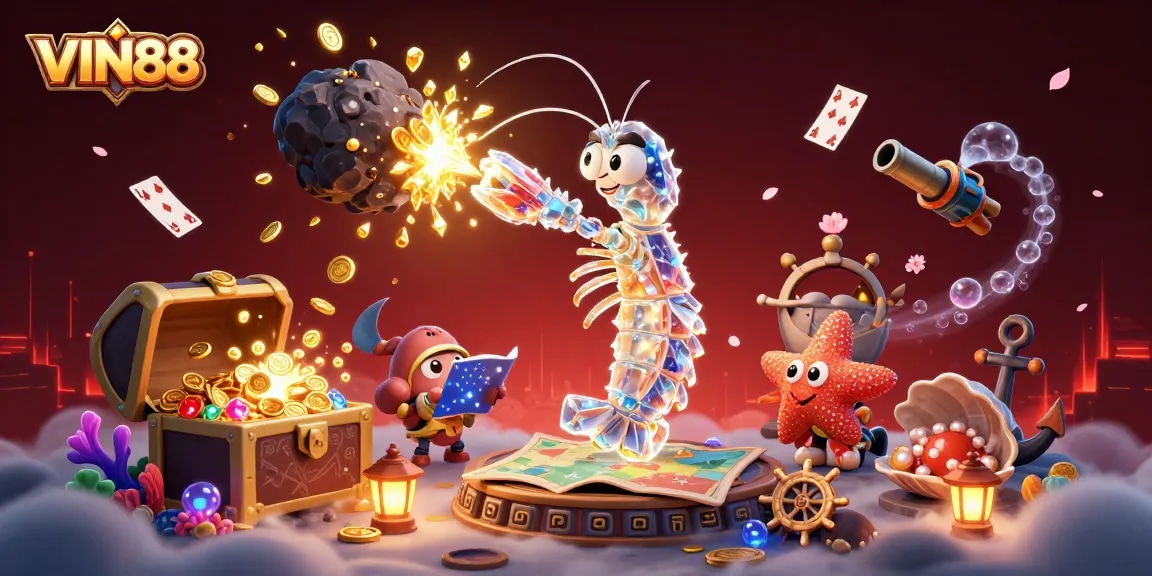Experience the excitement of VIN88 as the galactic samurai shrimp battles for treasures amidst vibrant casino elements.