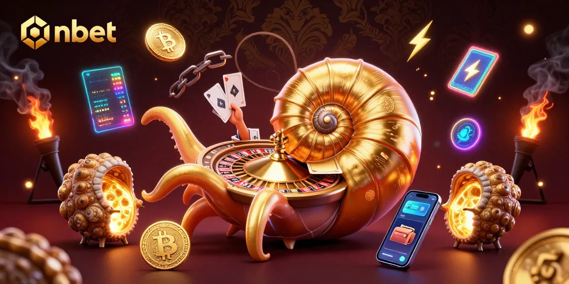 Play exciting games at onbet with a 3D illustration showing vibrant casino elements like roulette and glowing crypto coins.