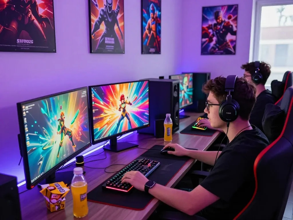 Engaged gamer at a gaming station enjoying entertainment from www.mantra88.com with snacks and colorful graphics.