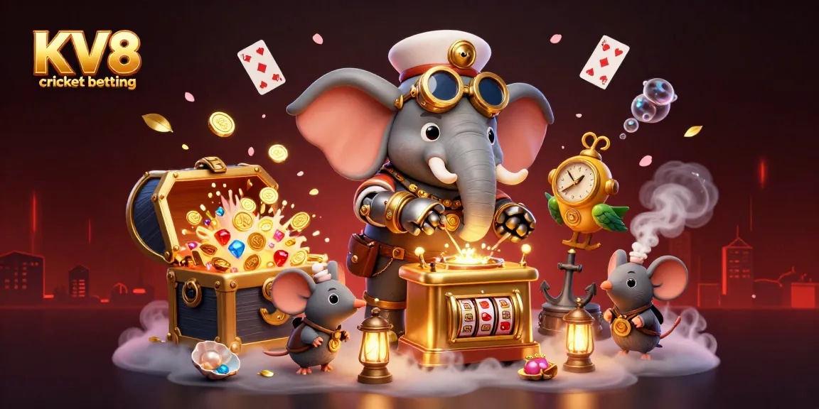 Engage in KV8 cricket betting with this vibrant 3D illustration showcasing steampunk characters amid a festive casino atmosphere.
