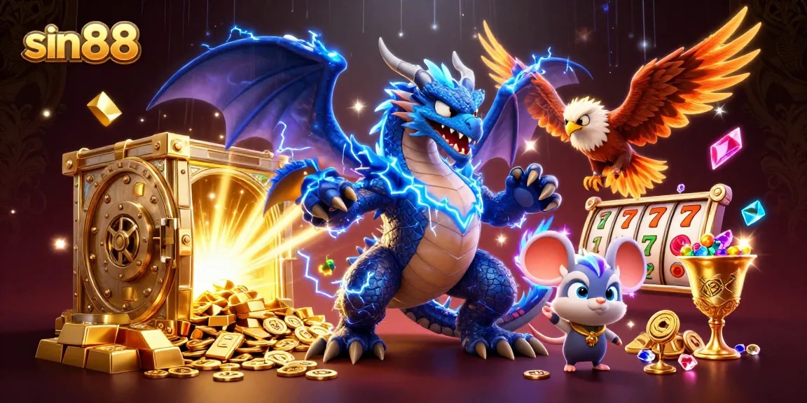 Engaging scene at sin88 with cartoon dragon, hawk, and slots, radiating excitement and treasures.