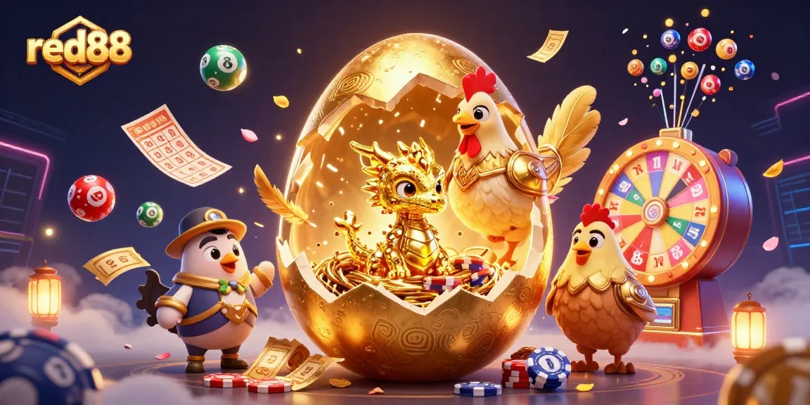 Experience the excitement of red88 with a 3D golden dragon guarding winning poker chips.