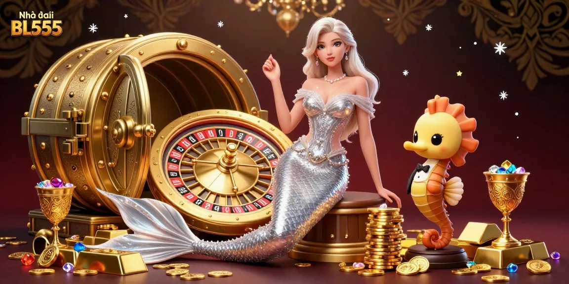 Experience thrilling wins at Nhà cái BL555 amidst a dazzling casino scene with a stunning roulette wheel and gems.