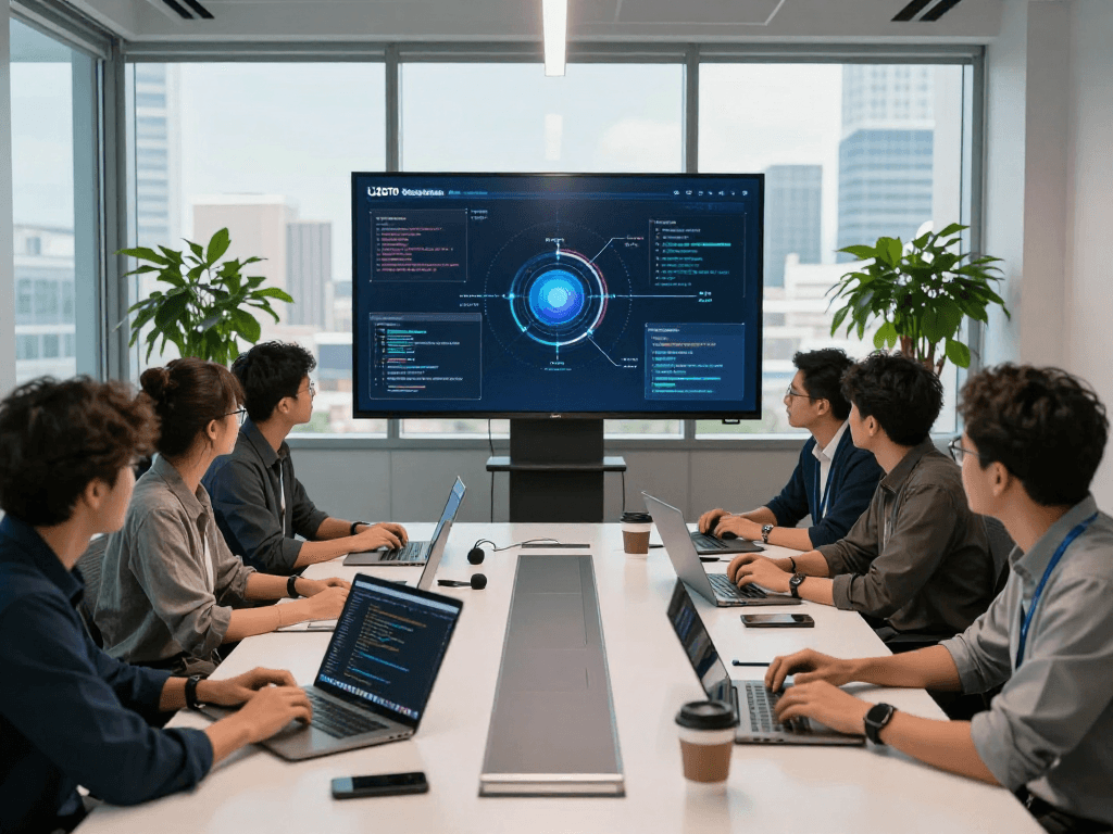Team of developers discussing USDT0 cross-chain solutions in modern office setting