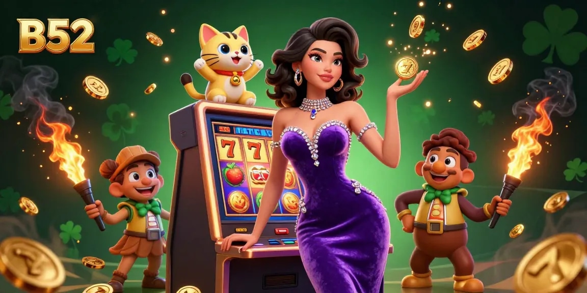 B52 jackpot celebration with a glamorous woman beside a slot machine and fortune cat mascot.