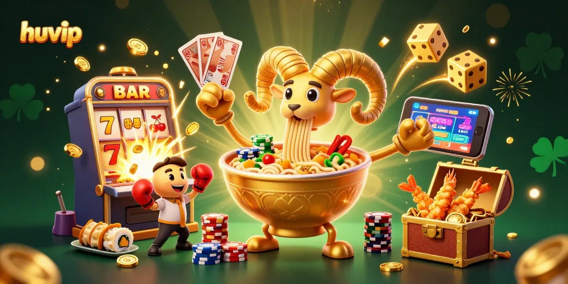 Engage with Huvip's vibrant casino scene featuring a golden ramen bowl dealer and dynamic game elements.