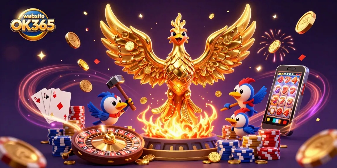 Experience the thrill at website OK365 with vibrant 3D illustration showcasing dynamic casino gaming elements.