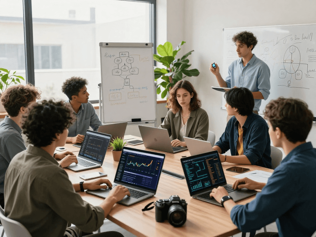 Kyber-swap trading collaboration in a vibrant co-working space, showcasing diverse crypto enthusiasts and digital asset tracking.