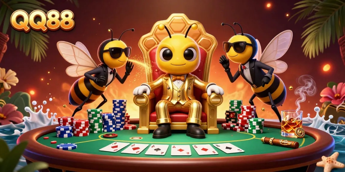 Play exciting poker games at QQ88 with a cartoon mob boss, wasp guards, and thrilling elements.