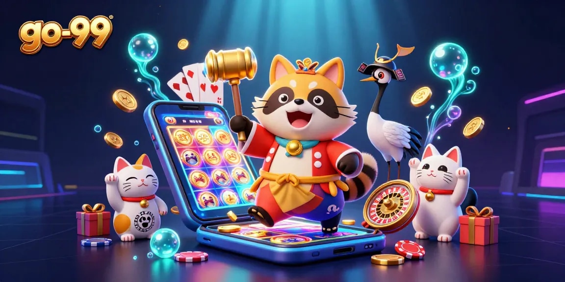 Experience the thrill of go-99 with our vibrant casino scene featuring lucky characters and exciting game elements.