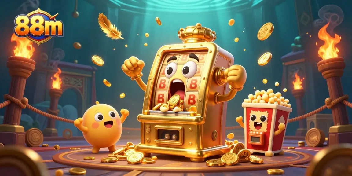 Experience thrilling jackpots at 88m with an animated golden slot machine celebrating its big win among cheering companions.