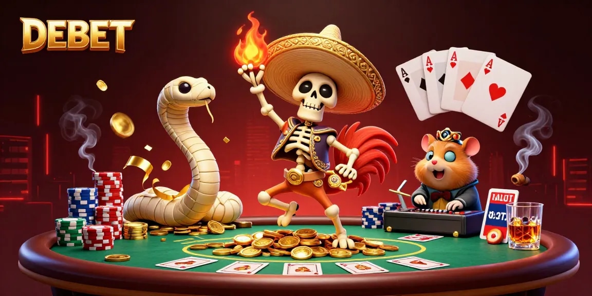 DEBET offers thrilling victories with a cartoon mariachi rooster celebrating on golden coins in an exciting casino scene.