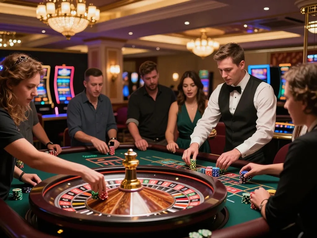 Engaging scene of players experiencing LGO GOAL roulette game at an upscale casino.