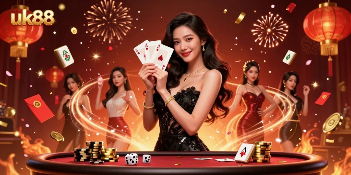 Engage with uk88, showcasing a glamorous Asian woman elegantly holding playing cards amidst a vibrant casino setting.