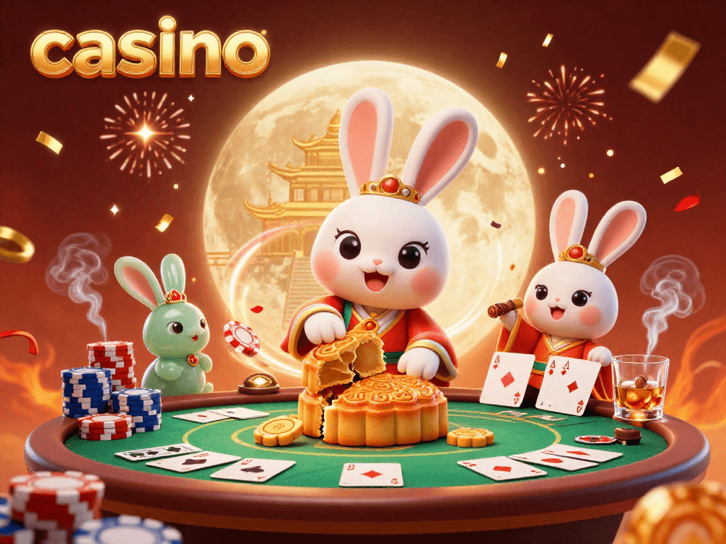 Experience the vibrant energy of this casino scene with detailed moon rabbits amidst poker elements.