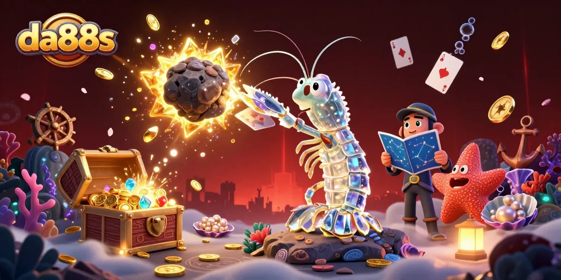 Play da88s with a samurai mantis shrimp amidst gold coins and vibrant gems.