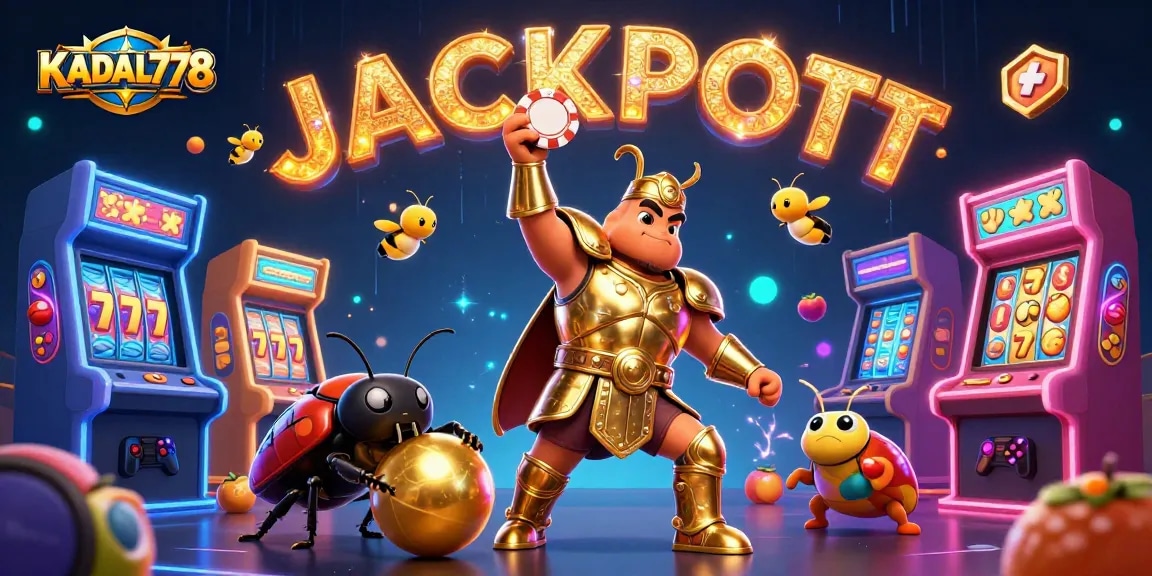KADAL778 invites players to win big in a colorful 3D casino scene featuring a beetle lifting a poker chip with vibrant gaming elements.