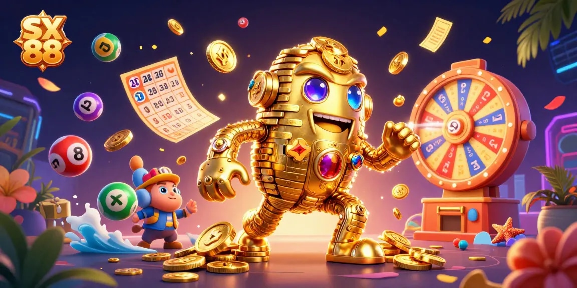 SX 88 showcases an exciting casino scene with a golden golem, dynamic lottery elements and vibrant game symbols