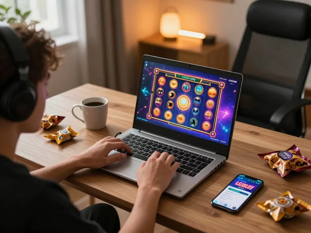 Player using LGOLUX LOGIN on a laptop, excitedly engaging with online casino games in a cozy home environment.