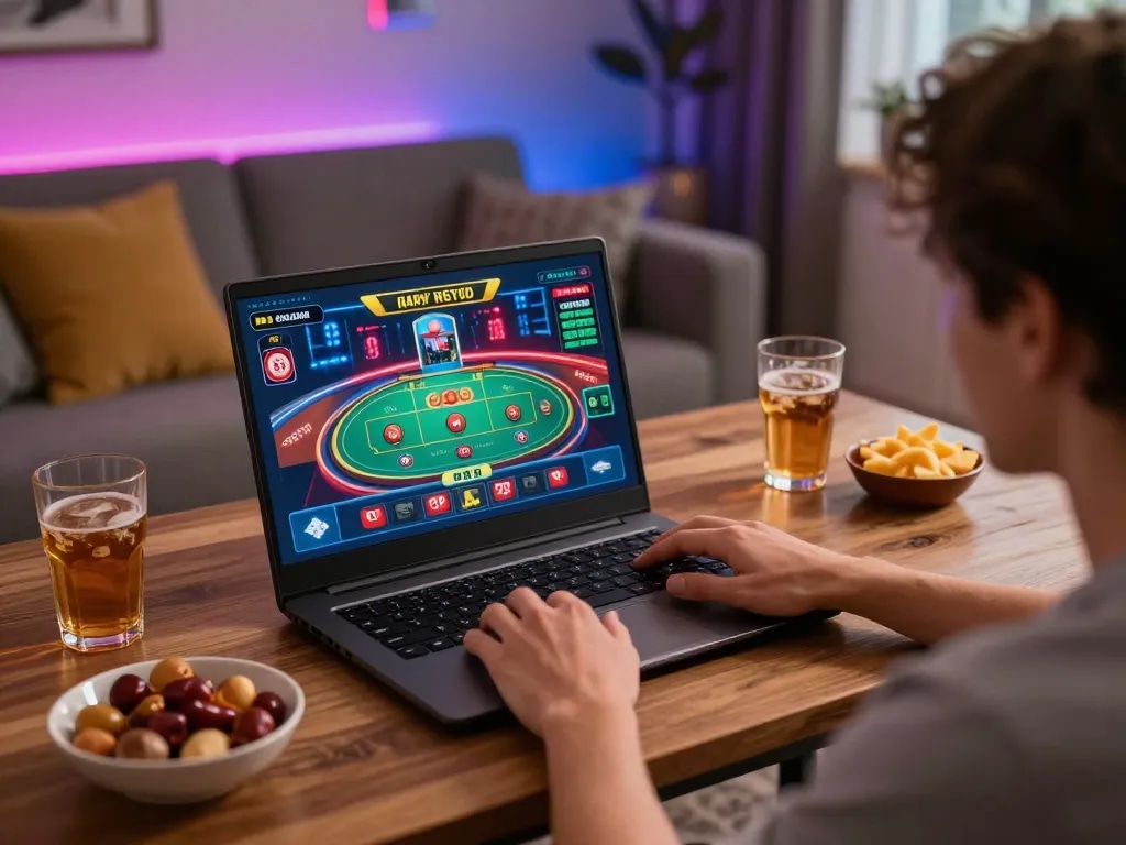 Engaging in sun win online gaming with live dealer experience at home, showcasing cozy setup