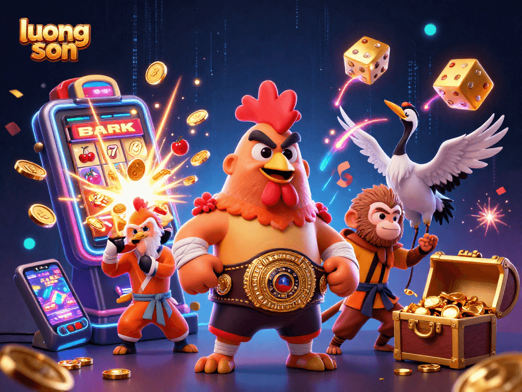 Join the luong son excitement with a dynamic Muay Thai rooster, Shaolin monkey, and crane master in a vibrant casino scene.
