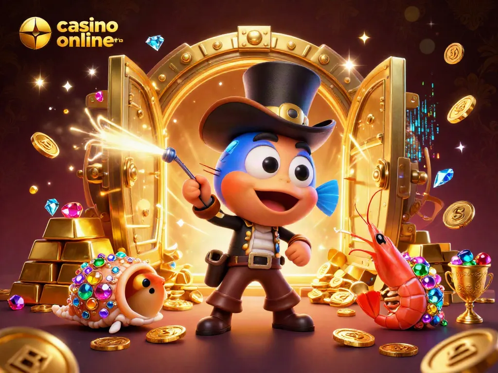 Interaccionando en un casino online fiable con el pez linterna y el camarón en un fondo elegante.