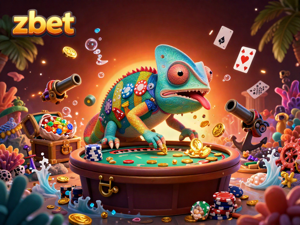 Experience thrilling gameplay at zbet with a colorful chameleon casino owner amidst dynamic casino elements.