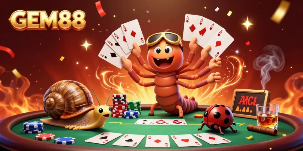 Experience thrilling gaming dynamics with GEM88 featuring a whimsical millipede dealer at a vibrant poker table.