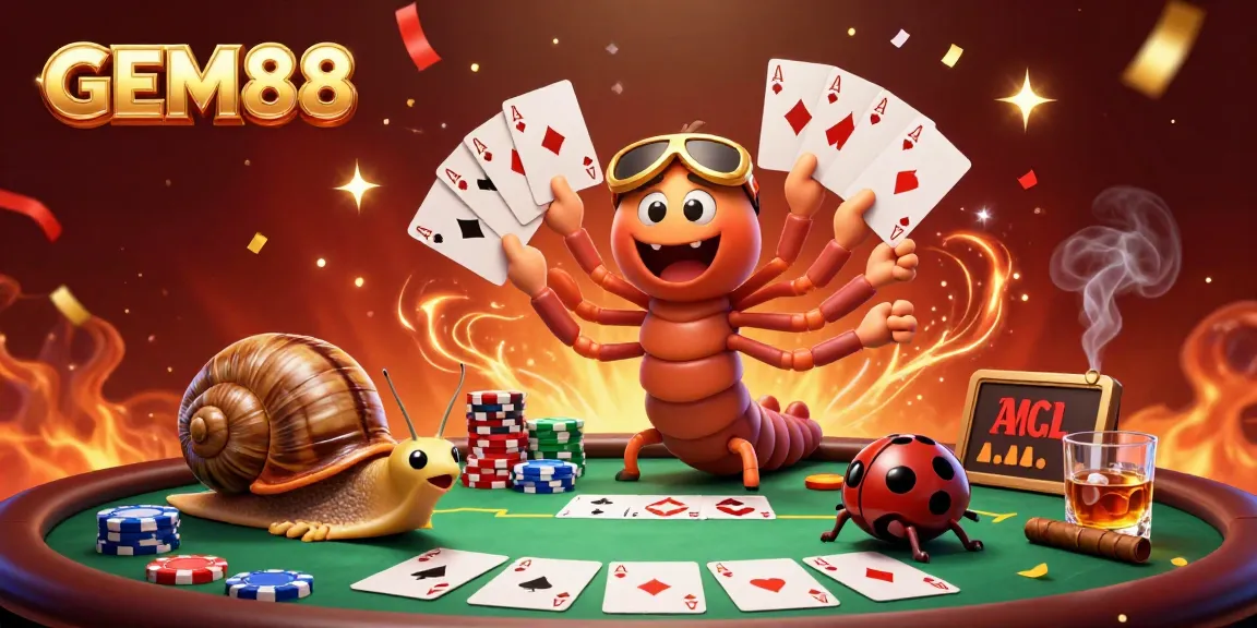 Experience thrilling gaming dynamics with GEM88 featuring a whimsical millipede dealer at a vibrant poker table.