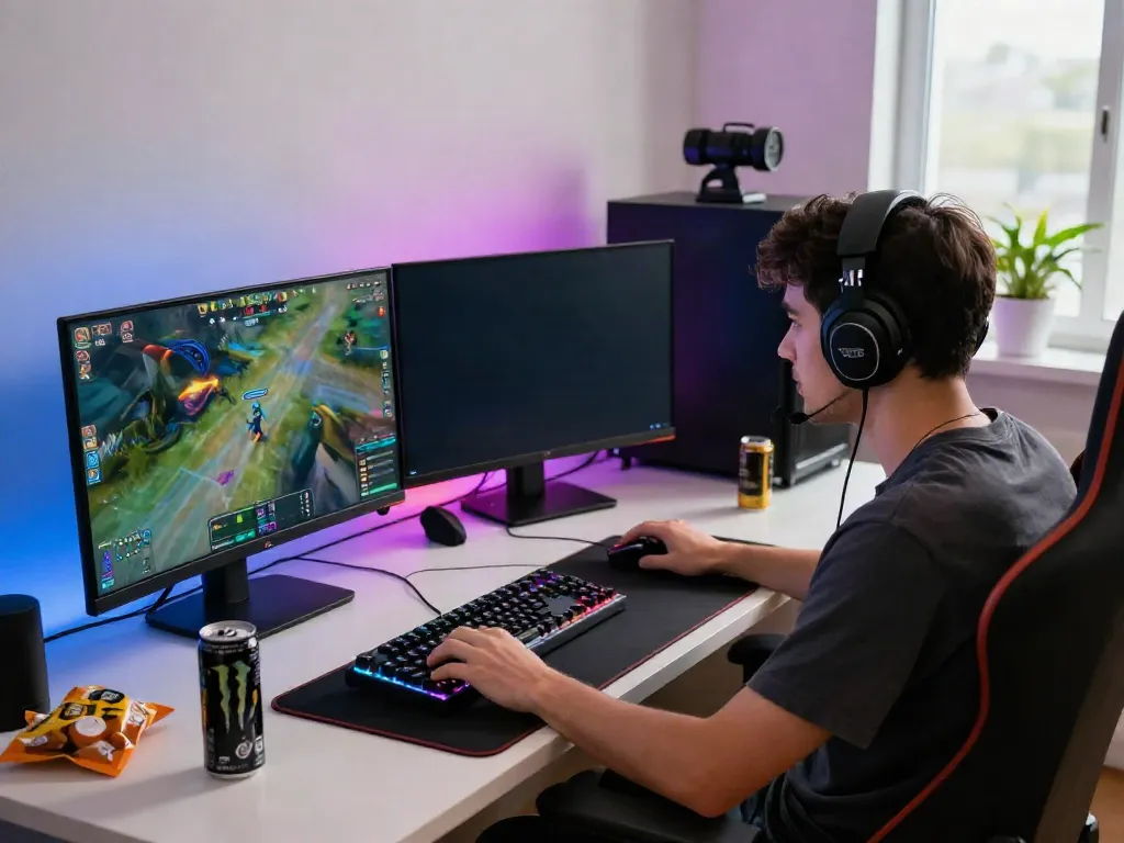 Immersive gaming setup with gamer engrossed in QQMacan match, showcasing dynamic gameplay atmosphere.