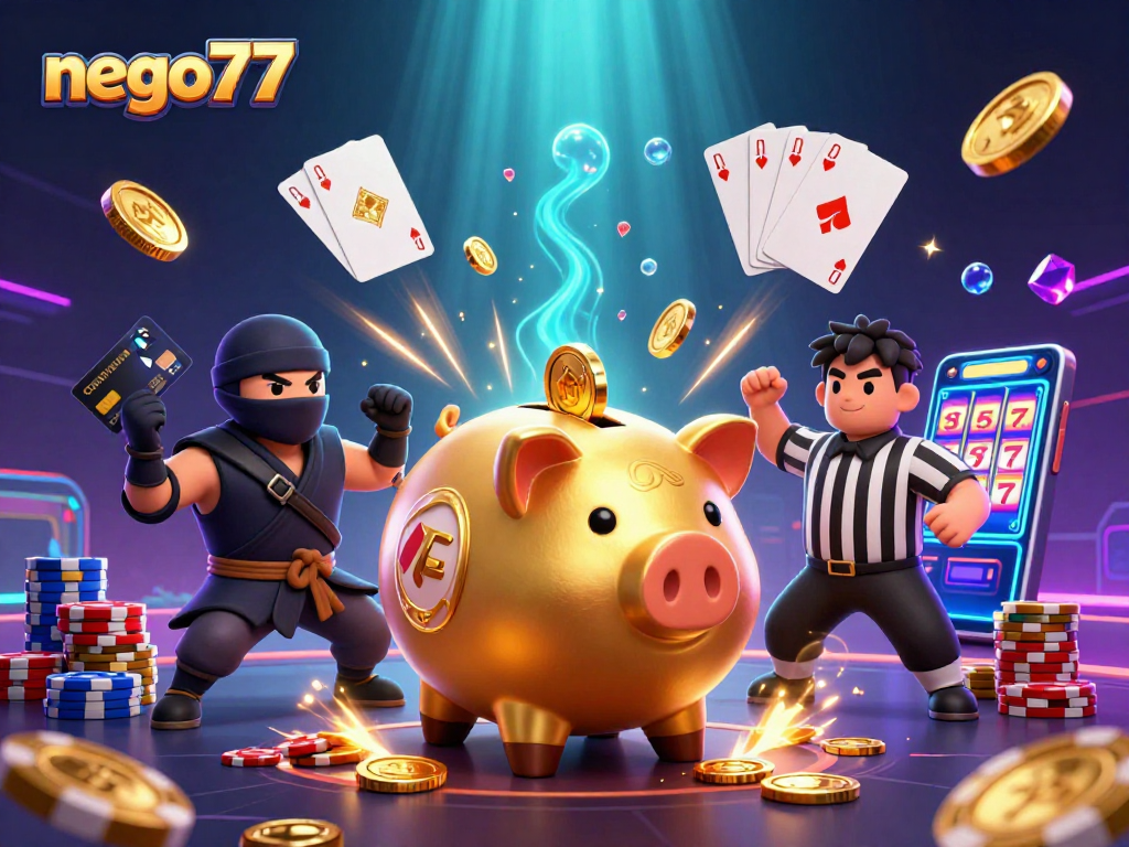 Engage with the vibrant energy of nego77, featuring a golden piggy bank wrestler amidst the thrill of casino gameplay.