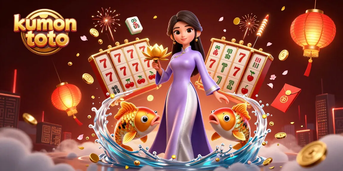 Kumon toto players enjoy vibrant slot games amidst enchanting visuals and golden koi fish.