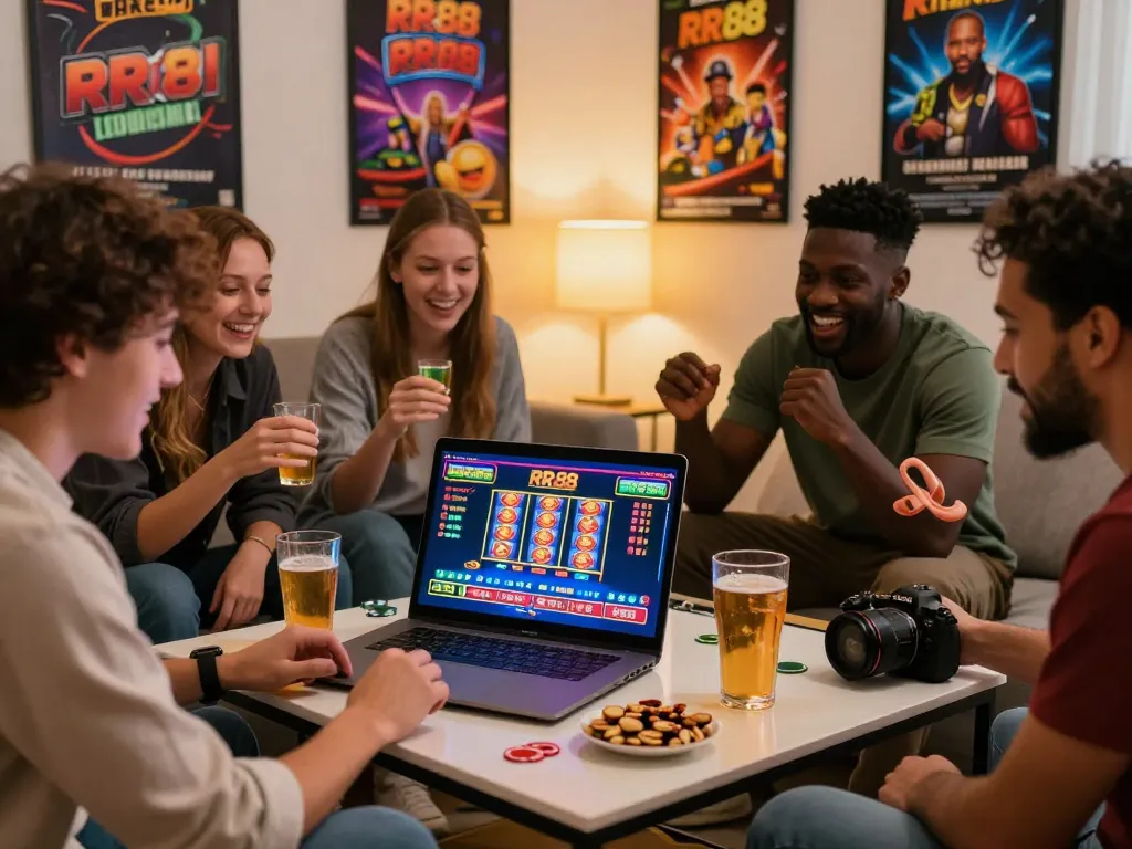 Friends enjoying the excitement of online gaming at https://rr88c.mobi/ with vibrant graphics and promotional excitement around them.