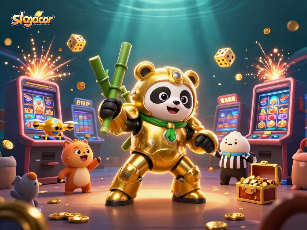 Experience slot gacor action with golden panda robot amidst jackpot coins and vibrant casino elements.