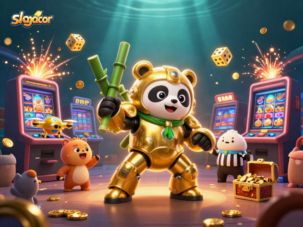 Experience slot gacor action with golden panda robot amidst jackpot coins and vibrant casino elements.