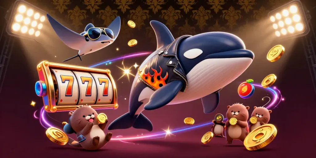 Engage in thrilling slots action with a playful whale, stingray, and otters finding gold in a dynamic casino scene.