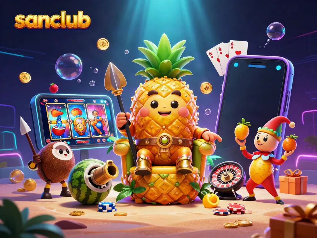 Experience the excitement of sanclub with a vibrant casino scene featuring a golden pineapple king and games