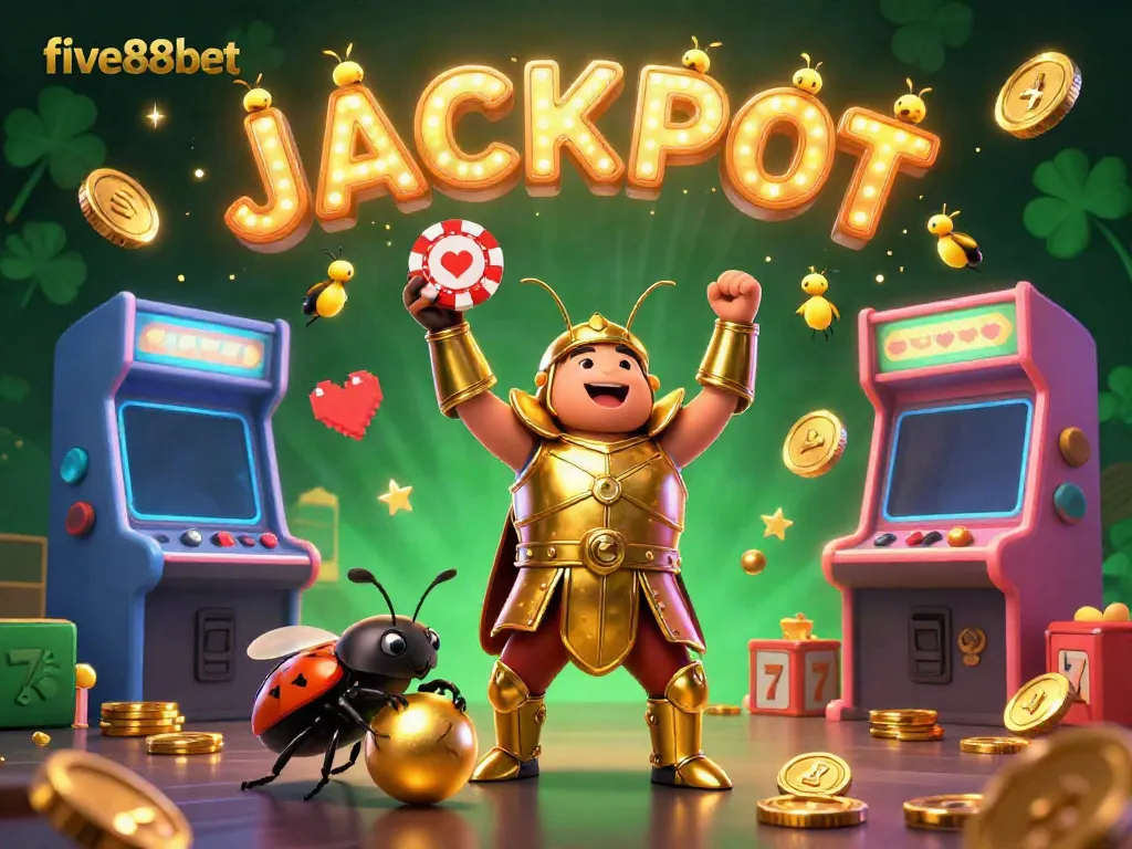 Experience the excitement of five88bet with a victorious beetle lifting a poker chip, surrounded by vibrant casino elements.