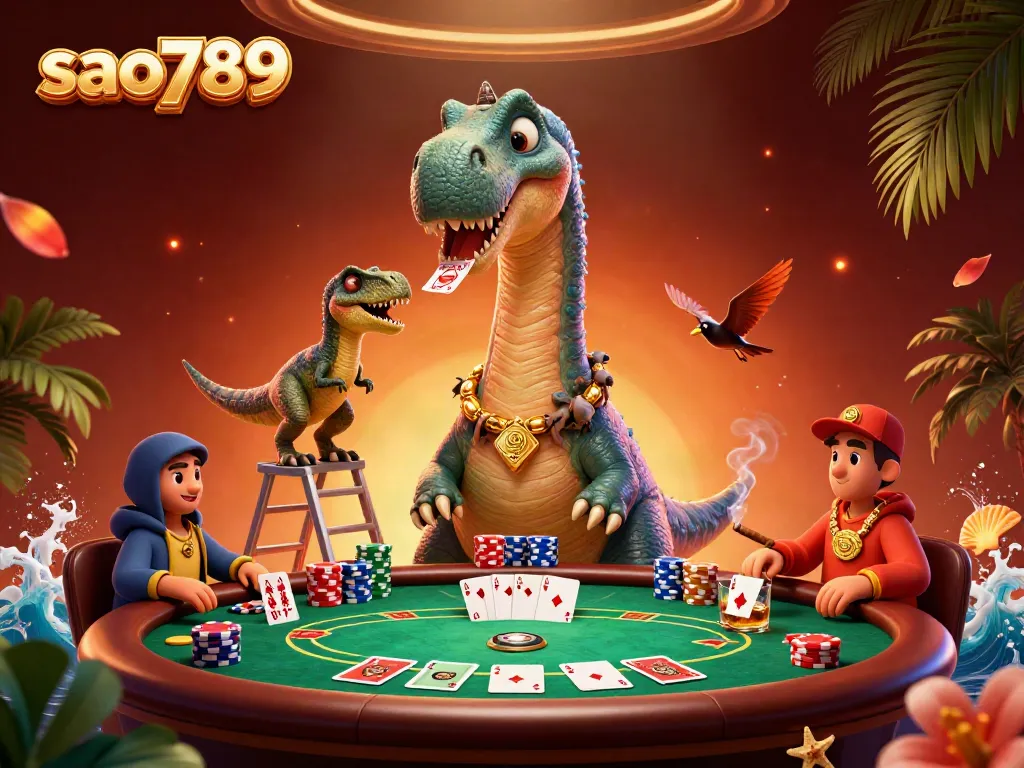Join the thrilling action at sao789 with a vibrant poker scene featuring unique characters and colorful game elements.